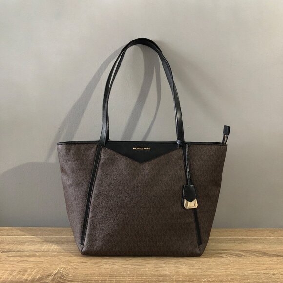 Michael Kors Whitney Large Brown/Black Leather Top Zip Shoulder Tote Bag - Picture 1 of 11